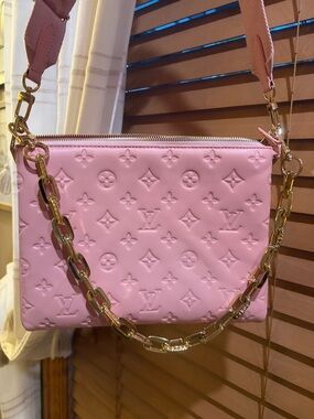 Pink Embossed Leather Shoulder Bag with Gold Chain